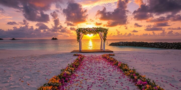 Romantic Maldives island escape with floral décor and sunset