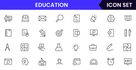 Vector line icon collection showcasing educational elements, including books, graduation caps, pencils, online learning, and classrooms, ideal for schools, e-learning, and academic platforms.