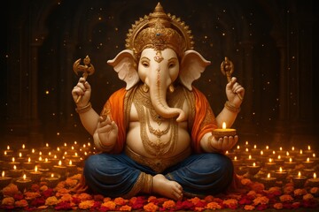 Decorative Ganesha Idol with Illuminated Candles and Floral Floor in Warm Lighting