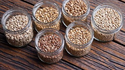 beautiful top down view displays diverse glass jars brimming with various cereal grains like barley oats millet and wheat arrayed on rustic wooden table highlighting nutritious ingredients ideal - Powered by Adobe