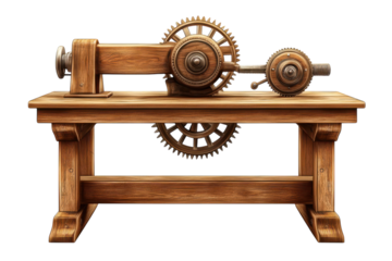 Nostalgic wooden machine with intricate gears a bygone era of innovation and craftsmanship on on transparent background