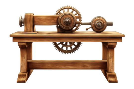 Nostalgic wooden machine with intricate gears a bygone era of innovation and craftsmanship on on transparent background