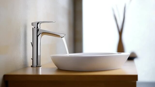 Sleek chrome faucet gracefully pours fresh water into a pristine vessel sink in a modern bathroom