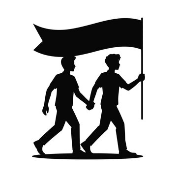 Two people holding hands with a banner silhouette isolated on white background