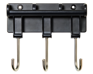 Black wall-mounted utility rack with three metal hooks for storage on a transparent background