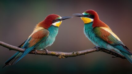 Fototapeta premium Two colorful bee-eaters perched on a branch.