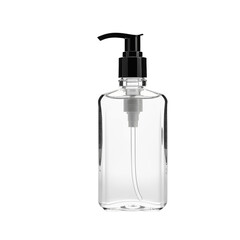Clear liquid dispenser bottle with black pump isolated on a black background showcasing cleanliness.