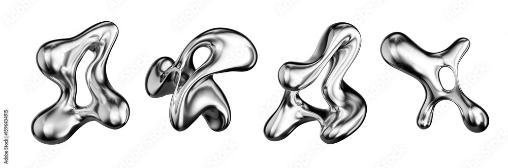 Fototapete set of abstract 3d rendering liquid metal or mercury shapes. fluid, amorphous chrome forms, futurist