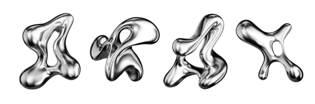 Set of abstract 3D rendering liquid metal or mercury shapes. Fluid, amorphous chrome forms, futuristic modern design element