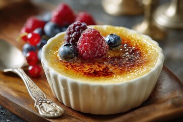 Classic Crème Brûlée Topped with Fresh Berries in White Ceramic Dish