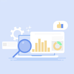 Flat-style vector illustration featuring analytics software for business, marketing, and financial data analysis. Dashboard with graphs, charts, and marketing reports.