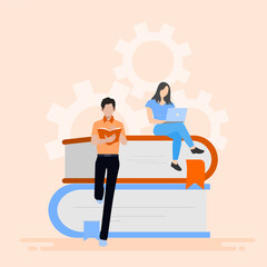 Illustration of students spending time studying for exams. Male and female characters sit among piles of books.