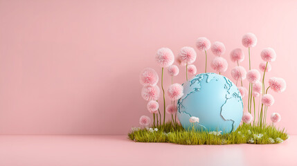 Blue globe surrounded by pink dandelion-like flowers on grass.