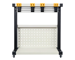 Mobile workshop cart with pegboard and tool organization system on a transparent background