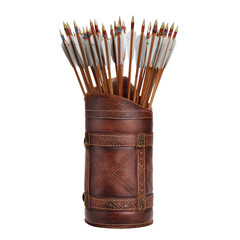 Arrows in leather quiver on transparent background