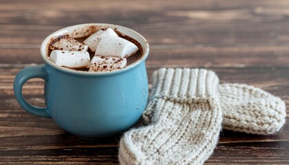 Hot Chocolate and Mittens- Rustic wooden table with steaming mug of hot chocolate
