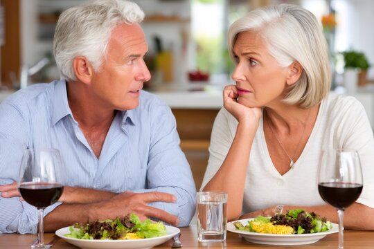 Senior couple having a serious discussion while eating salad at home