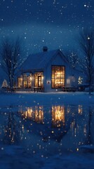 Beautiful winter evening at a cozy cabin with glowing lights and snow falling softly