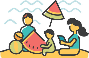 Summer Holiday Scene – Mother Reading While Children Enjoy Beach Activities