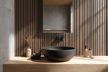 Mocha-toned bathroom with vertical wooden panels and a matte black basin, side-lit with warm sunlight casting soft diagonal shadows