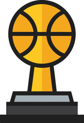 "Flat vector icon of a basketball trophy with ball on top, gold and black base, flat illustration."



