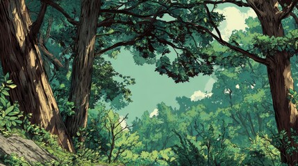 Lush green forest with tall trees and sunlight filtering through