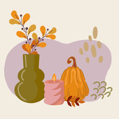 Warm vector illustration featuring a fall-themed composition: olive vase with leaves, candle, and pumpkin. Ideal for autumn greeting cards, wall art, social media, or packaging design