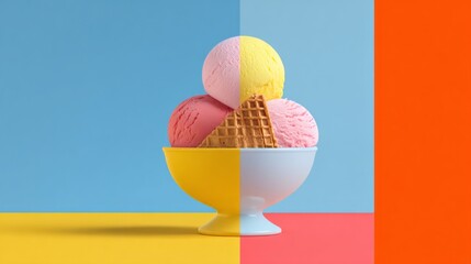 Colorful ice cream scoops in bowl on vibrant background  