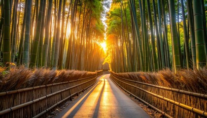 Bamboo forest path glows at sunset