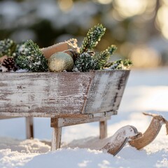 Vintage Christmas Sleigh- Old-fashioned wooden sleigh filled with gifts, pine branches