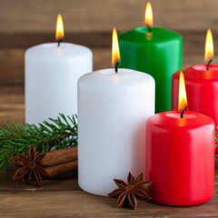 Holiday Candles Arrangement- Cluster of red, green, and white pillar candles burning
