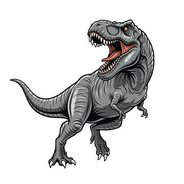 Ferocious gray T-rex is roaring while running isolated on white background