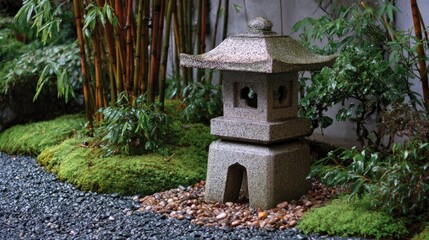 Stone garden lantern resting on a gravel bed surrounded by bamboo and moss