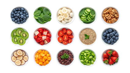 Healthy food bowls overhead shot featuring fruits vegetables nuts seeds for diet and nutrition on transparent background