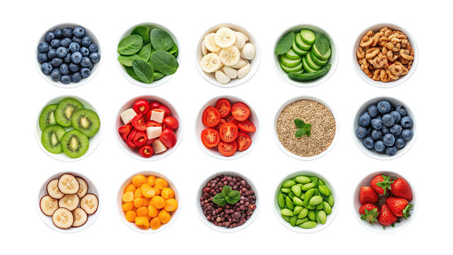 Healthy food bowls overhead shot featuring fruits vegetables nuts seeds for diet and nutrition on transparent background - Powered by Adobe