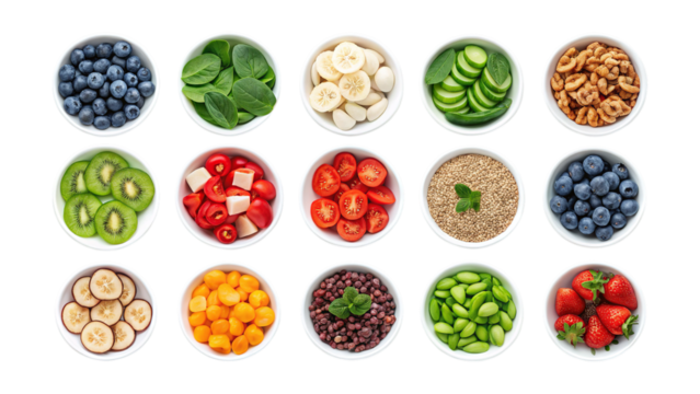 Healthy food bowls overhead shot featuring fruits vegetables nuts seeds for diet and nutrition on transparent background - Powered by Adobe