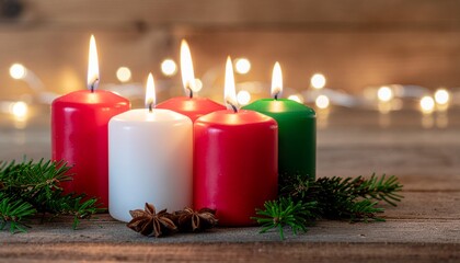 Holiday Candles Arrangement- Cluster of red, green, and white pillar candles burning