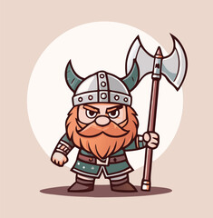 Viking warrior mascot with big beard, holding a battle axe, wearing a helmet with horns.