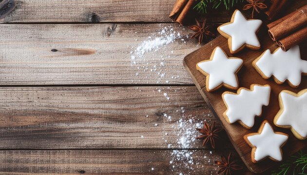 Christmas Cookies Flat Lay- Festive cookies (gingerbread, stars, trees) freshly baked