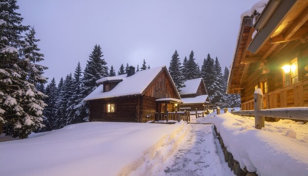 Snowy Winter Cabin- A rustic wooden cabin nestled among snow-covered pine trees