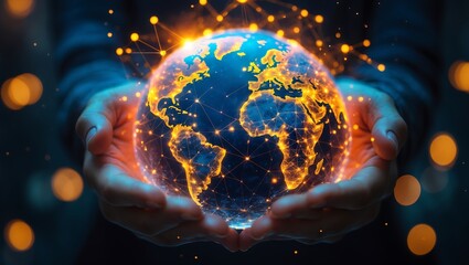 Hands holding a glowing digital earth with bright lights and connections representing global technology and data