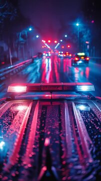 A police car with a red and white light bar is driving down a wet road. The light bar is lit up and the car is surrounded by other cars