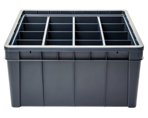 Plastic storage crate with dividers on a transparent background