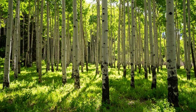 Sunlight filters through aspen trees