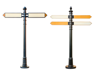 Two vintage street signposts with blank directional arrows on a transparent background