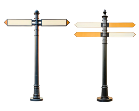 Two vintage street signposts with blank directional arrows on a transparent background