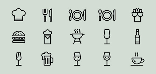 Collection of food and drink icons in a simple outline style