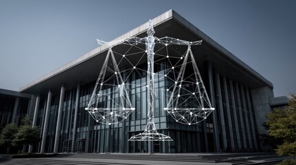 Scale of justice depicted against a modern courthouse.