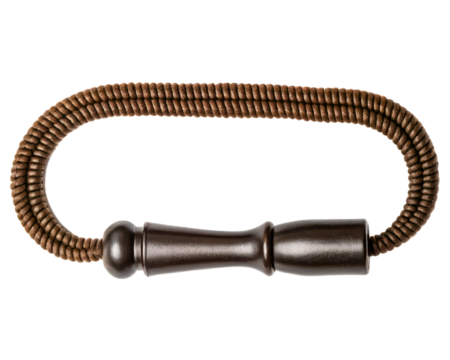 Decorative brown braided rope curtain tieback with a toggle on a transparent background
