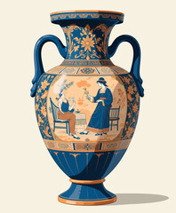 Ancient Greek Vase with Standing Woman Offering Flowers